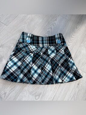 Plaid Pleated Mini Skirt with Button Accents in Blue and Black